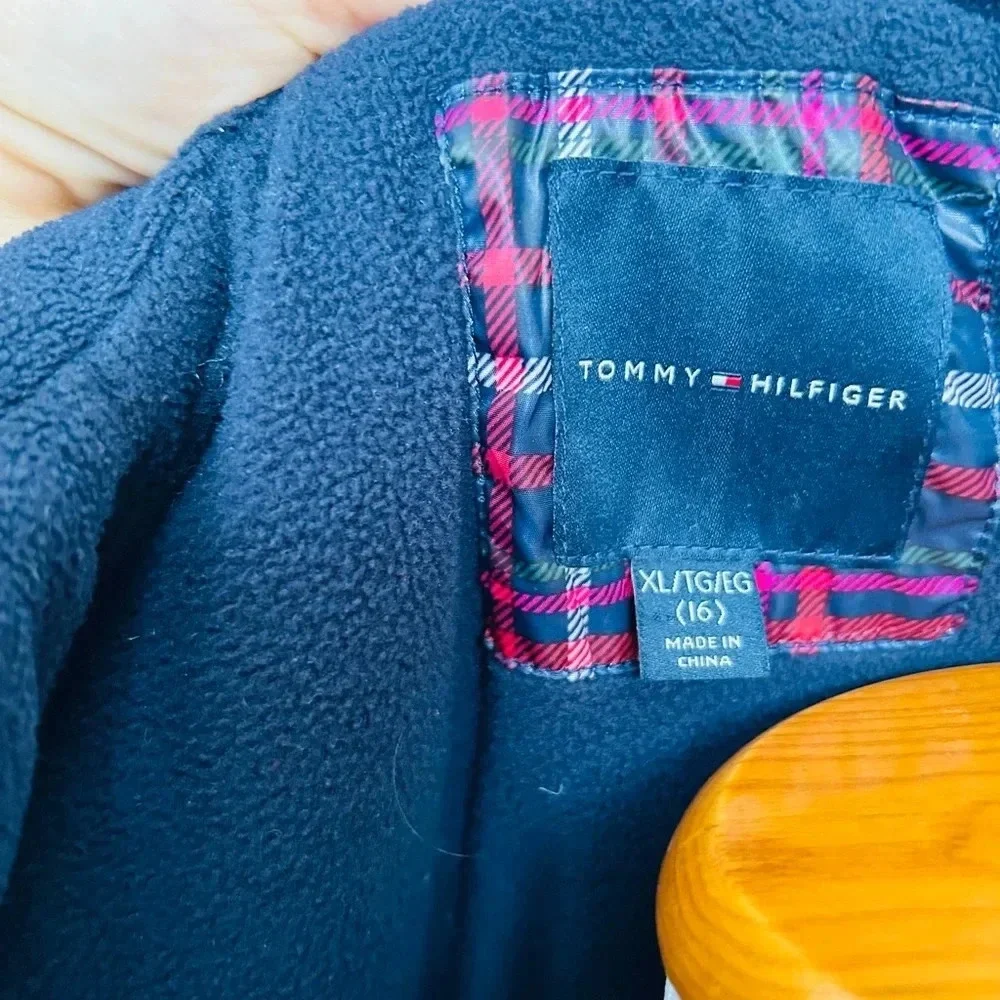 Tommy Hilfiger Girls XL 16 Plaid Puffer Jacket Faux Fur Hood EUC